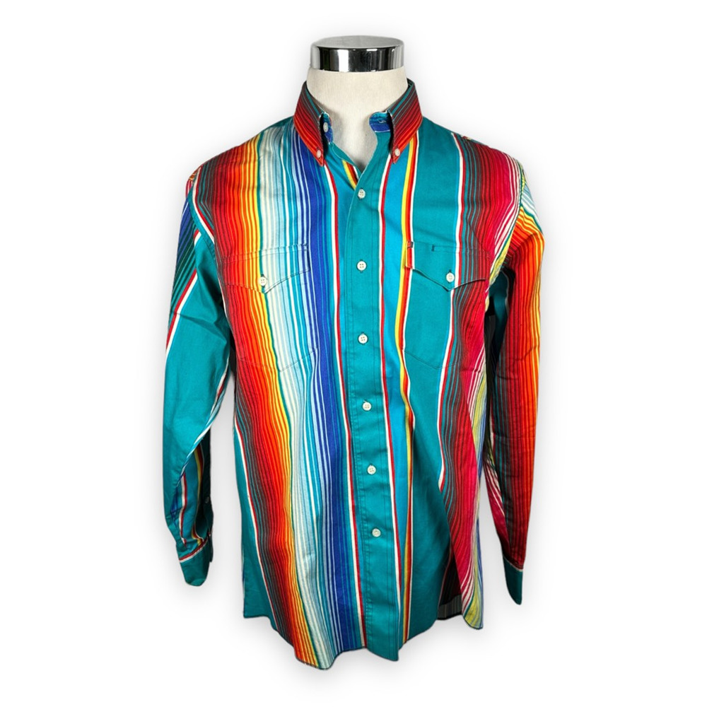 Wrangler Mens Vintage Button Shirt Colorful Stripe Long Sleeve USA Blue Red XL